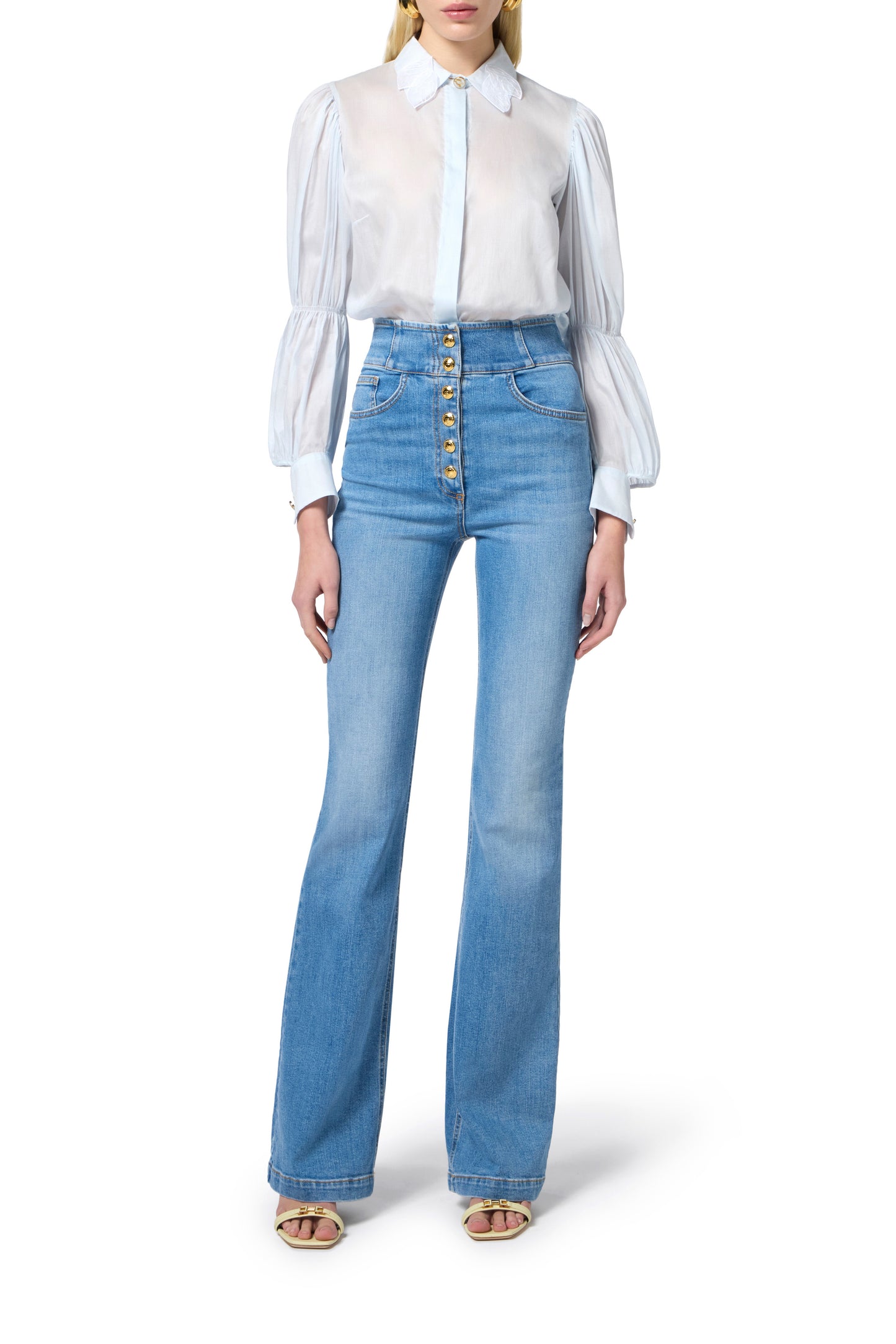 High-waist jeans with logo buttons