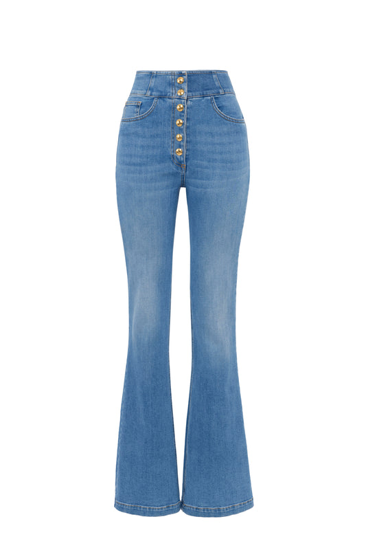 High-waist jeans with logo buttons