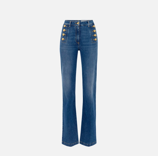 Bell-bottom jeans with row of buttons