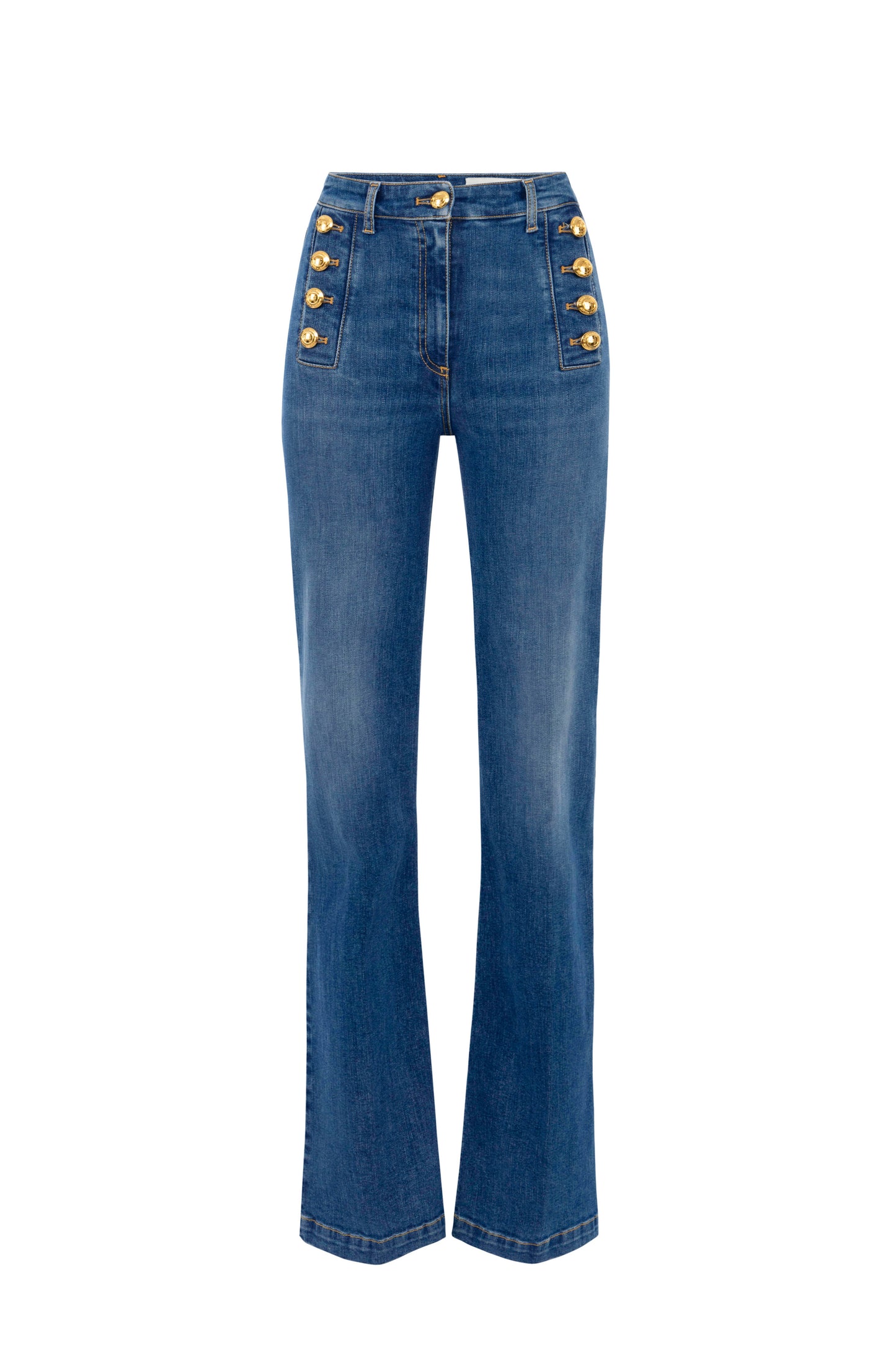 Bell-bottom jeans with row of buttons