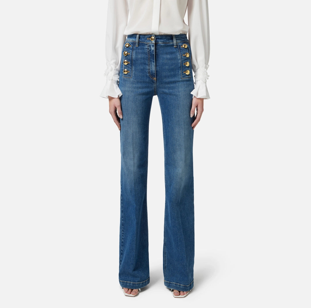 Bell-bottom jeans with row of buttons