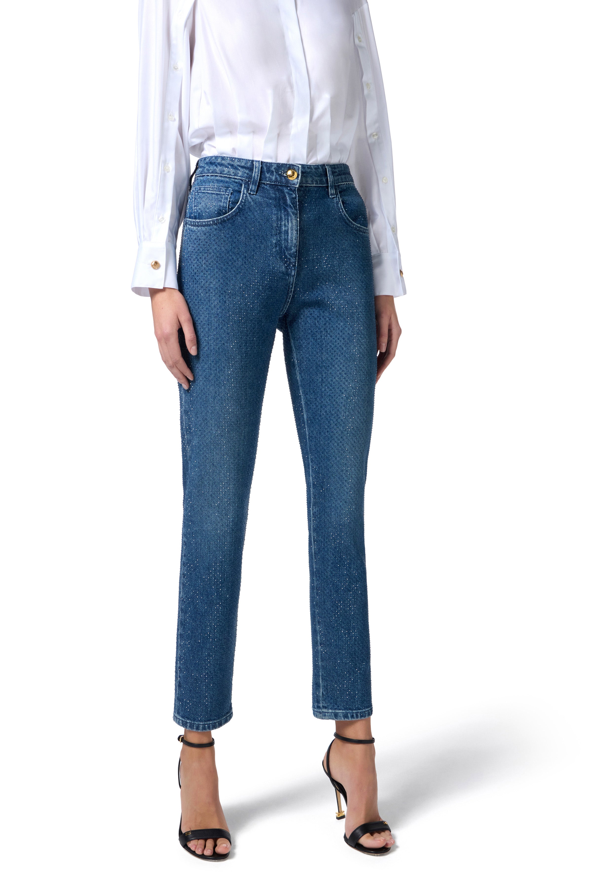 Cotton denim trousers with rhinestones | LAST PIECE: 26/27