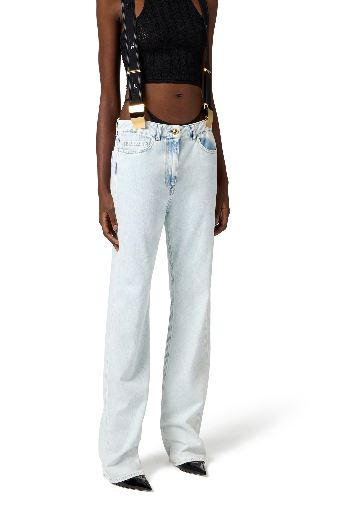 Cotton denim trousers with suspenders