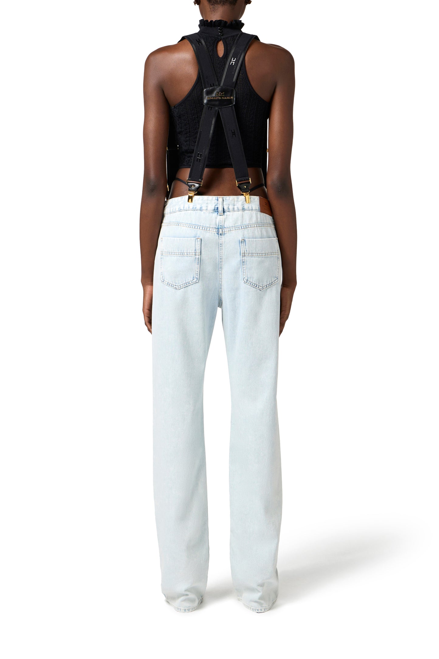 Cotton denim trousers with suspenders