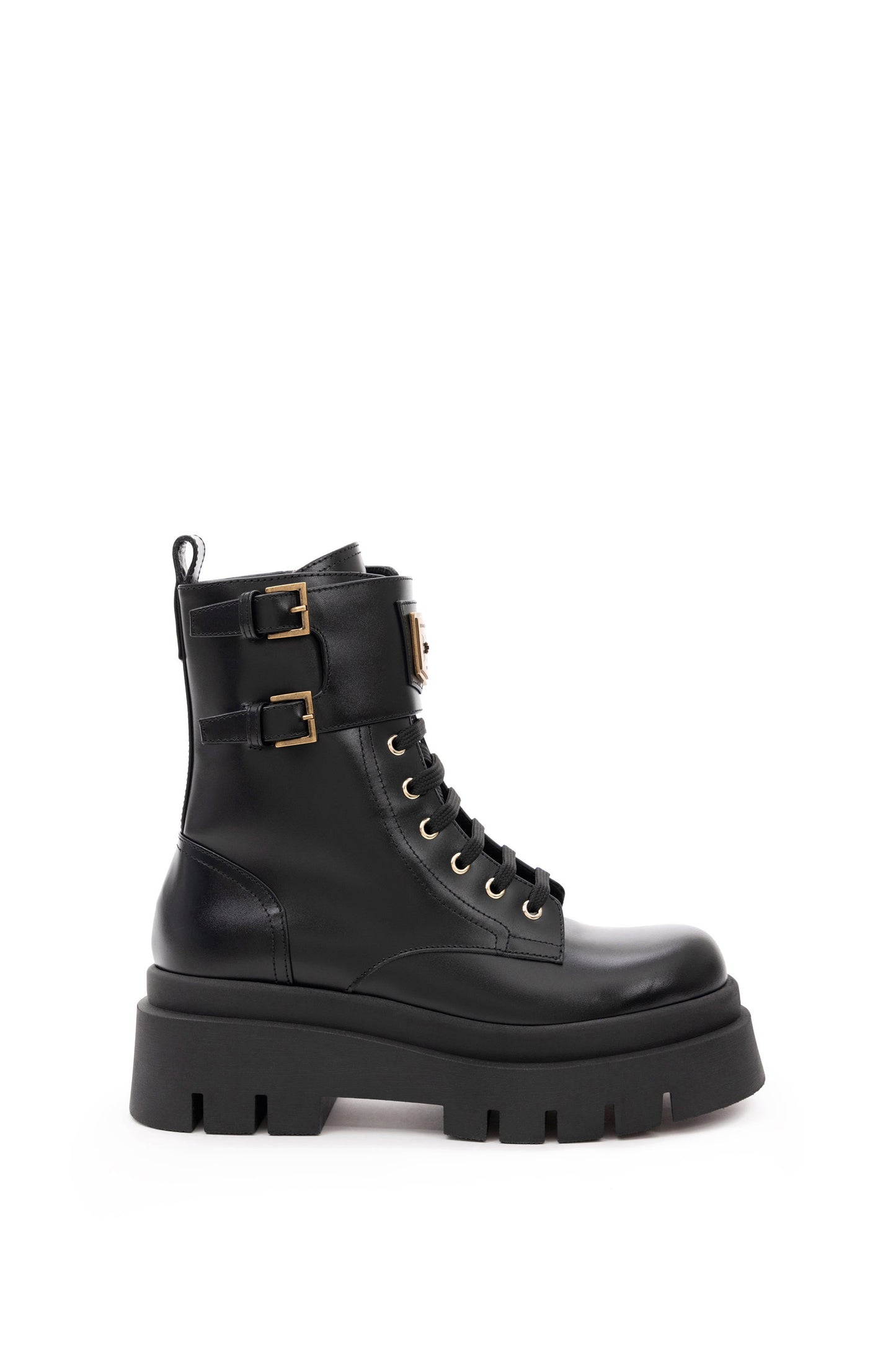 Leather combat boot with logo plaque