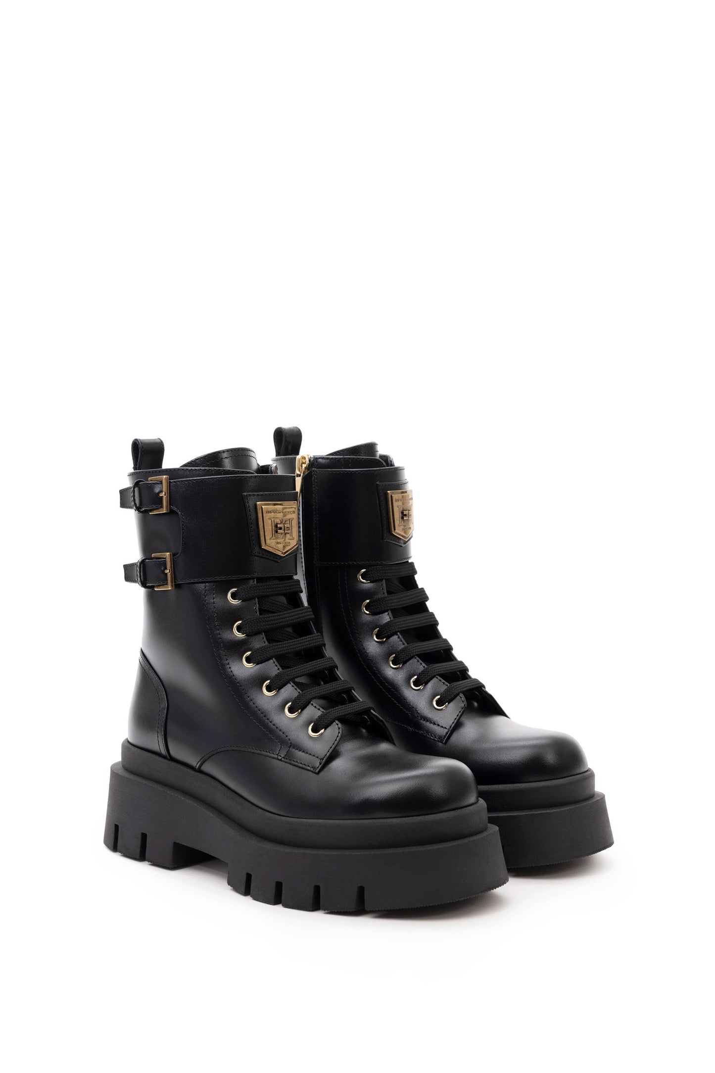 Leather combat boot with logo plaque