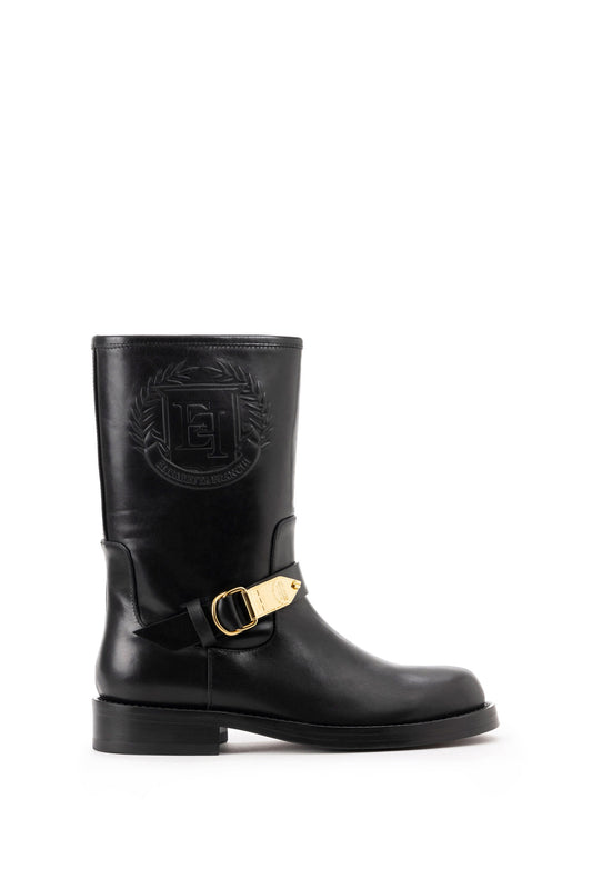 Calfskin leather biker-style boot with logo