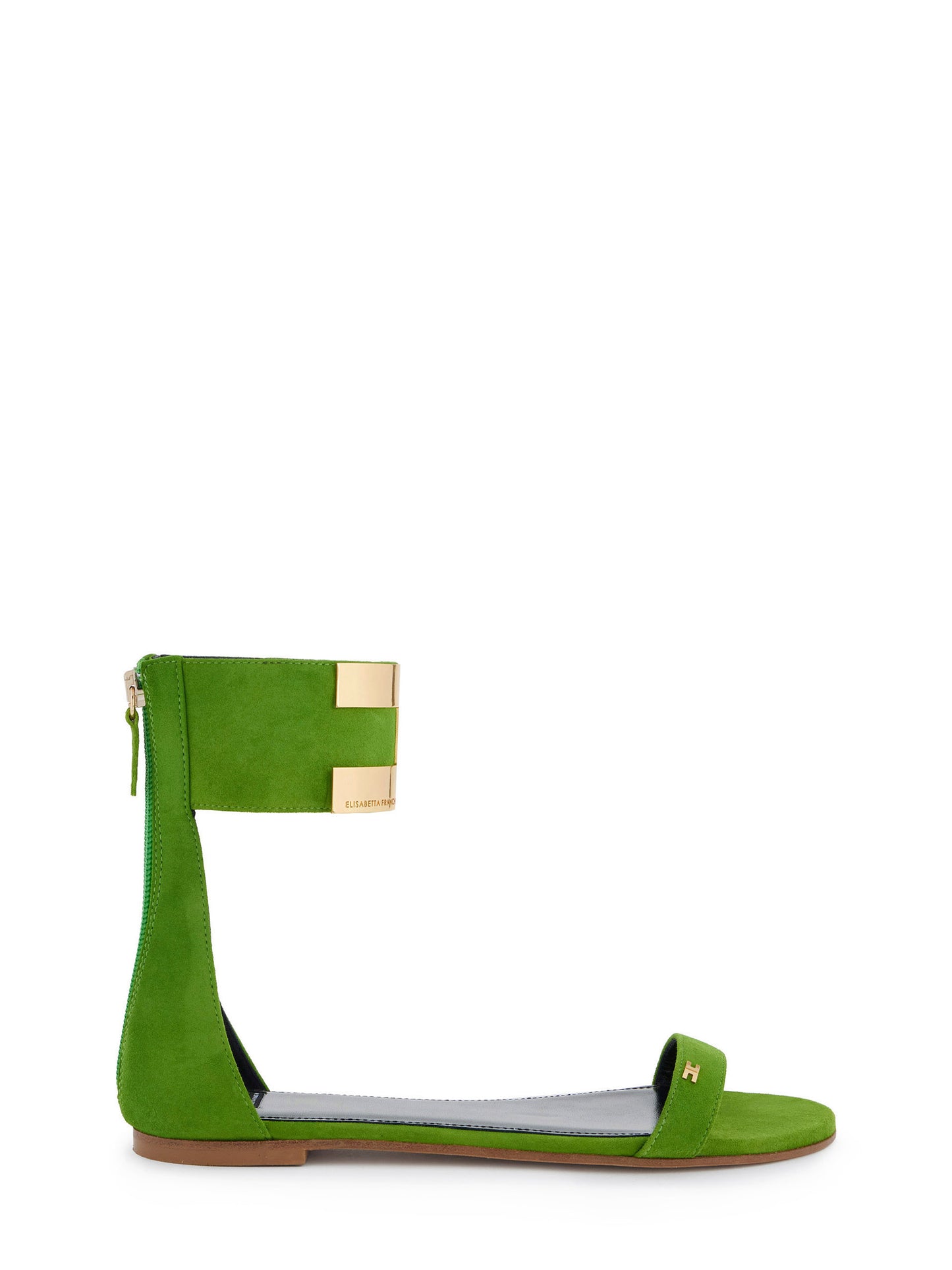 Suede flat sandals with jewelled logo