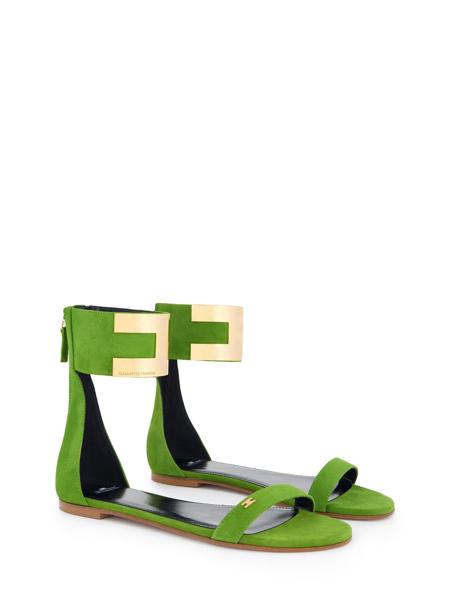 Suede flat sandals with jewelled logo