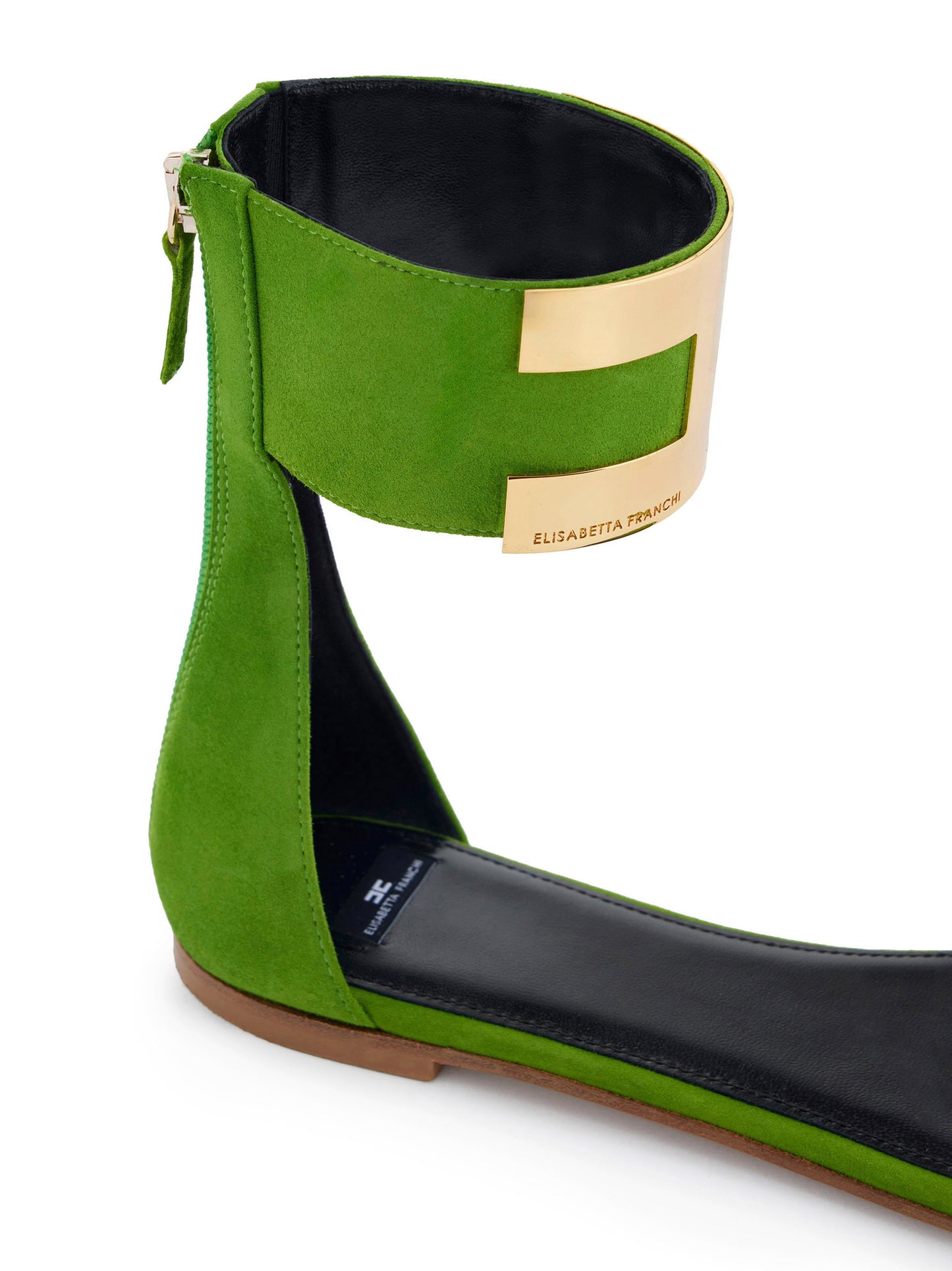 Suede flat sandals with jewelled logo