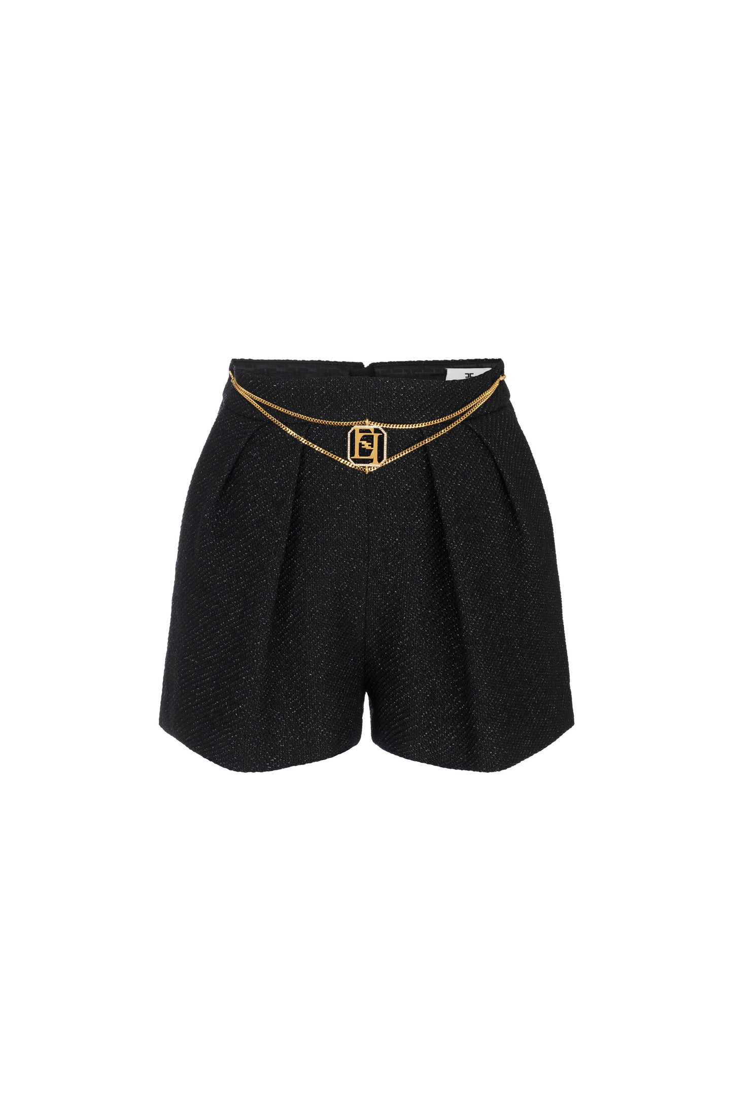 Laminated tweed shorts with logo accessory