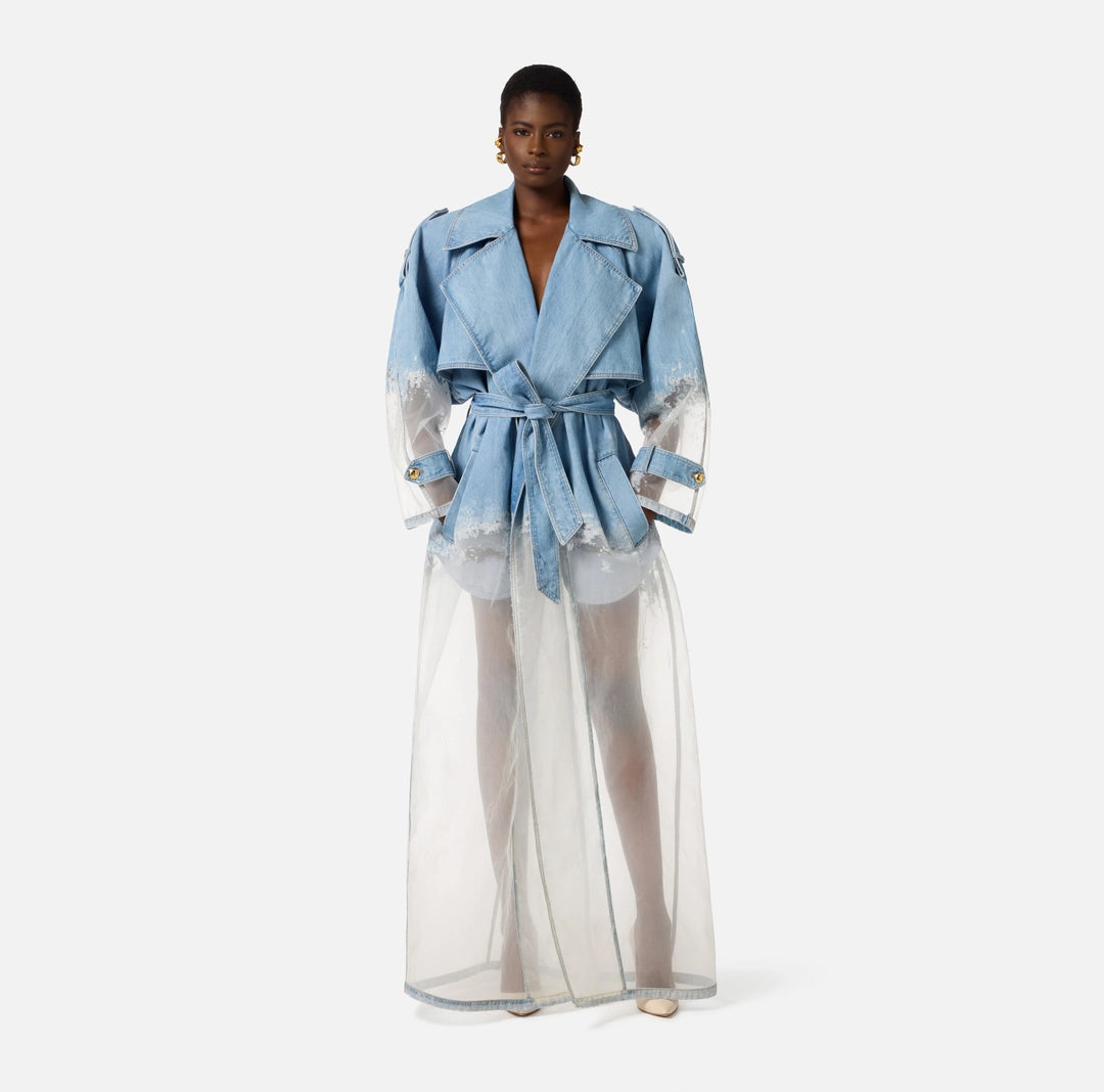 Denim and organza trench coat