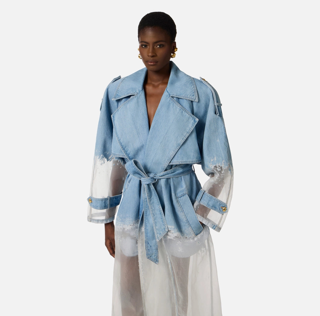 Denim and organza trench coat