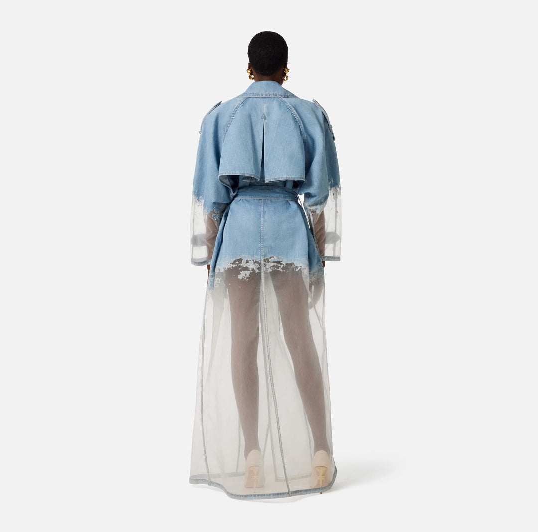 Denim and organza trench coat