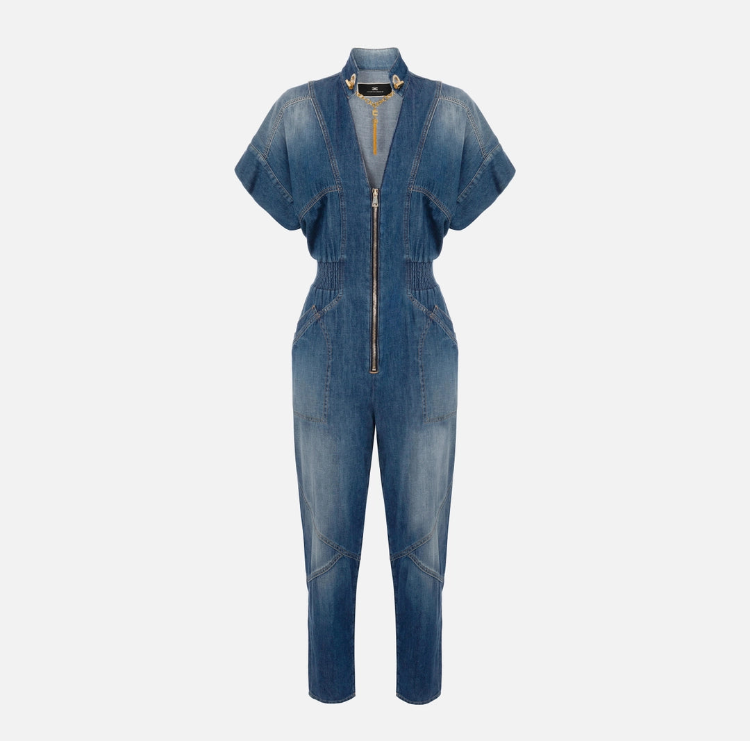 Denim jumpsuit with cufflink on the neckline