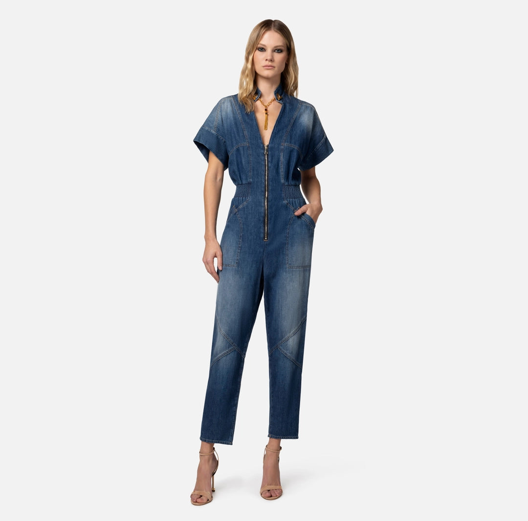 Denim jumpsuit with cufflink on the neckline