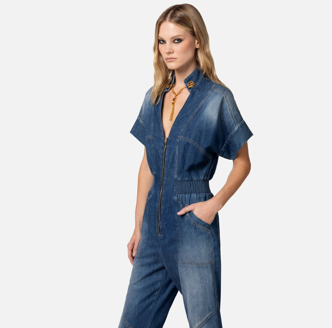 Denim jumpsuit with cufflink on the neckline