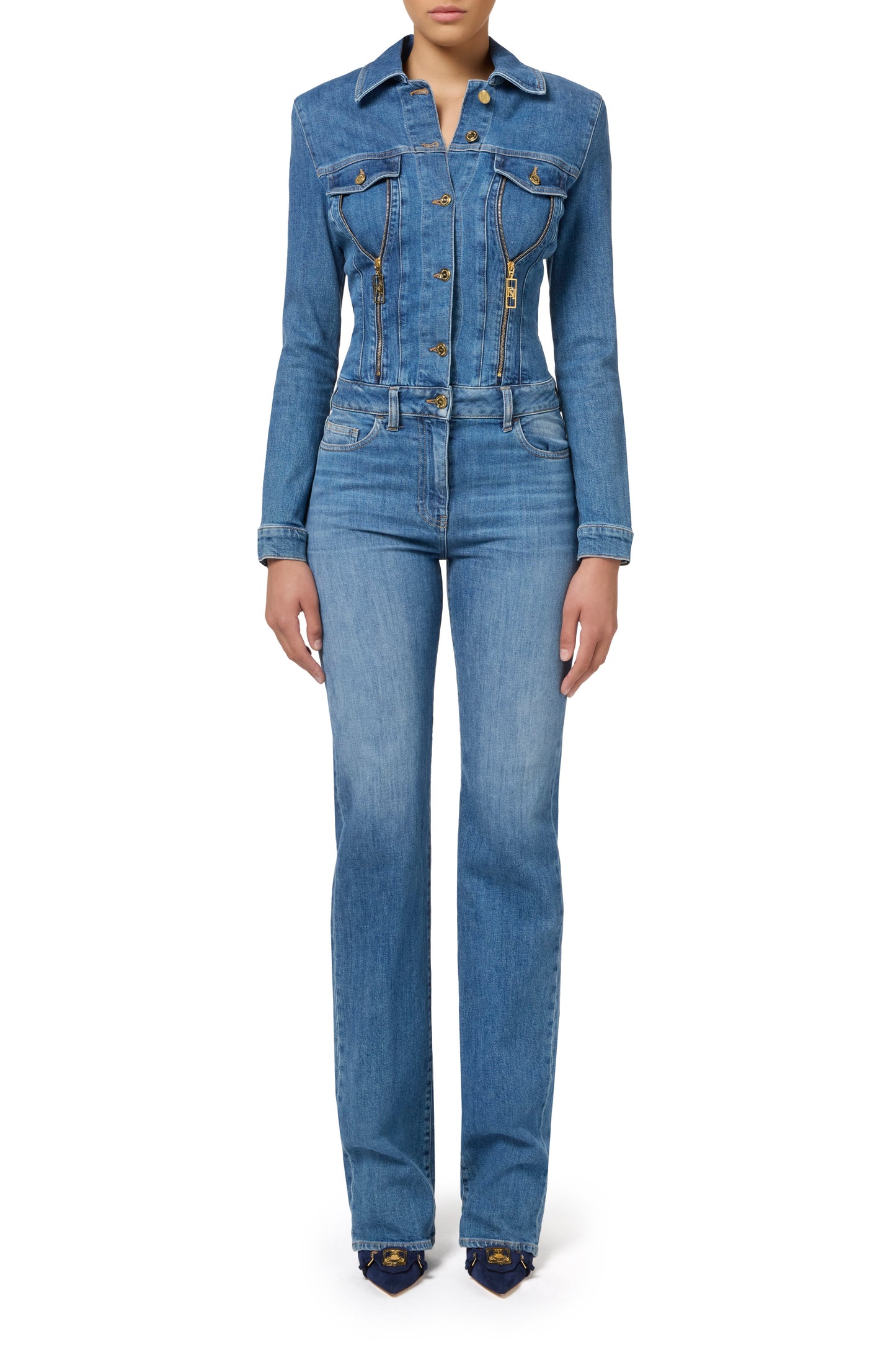 Denim jumpsuit with zip and shoulder pads