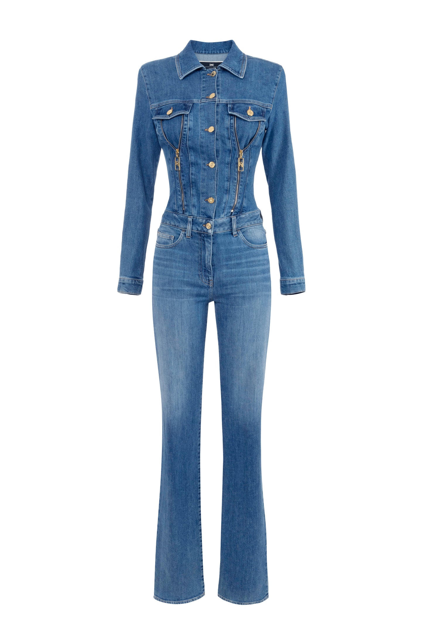 Denim jumpsuit with zip and shoulder pads