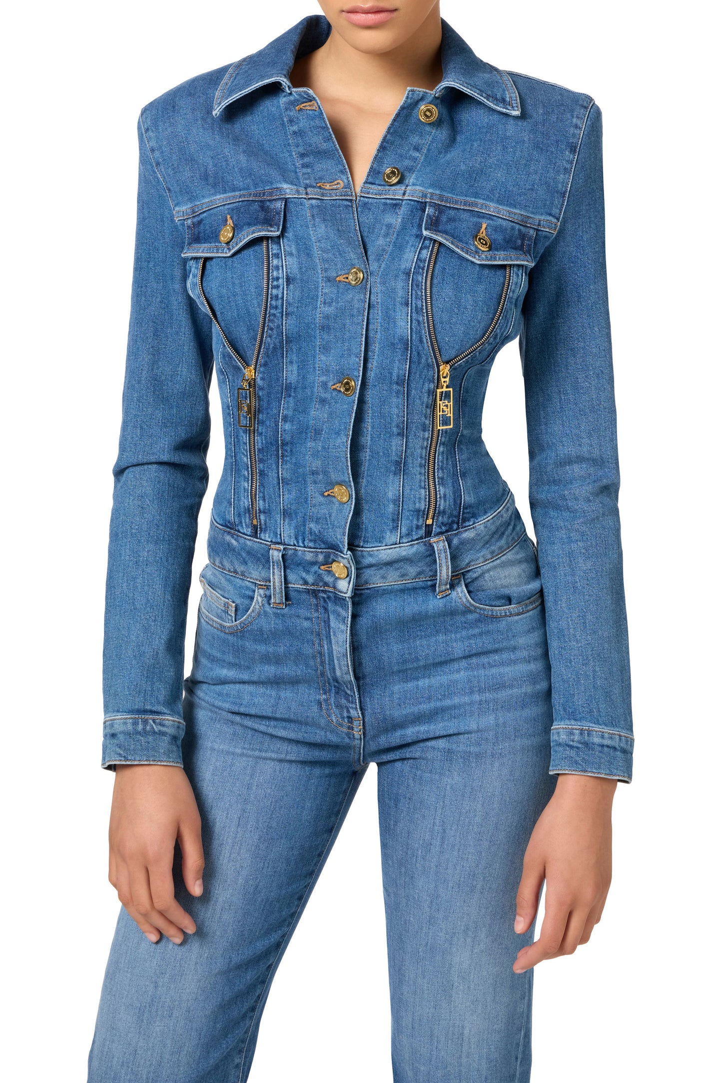 Denim jumpsuit with zip and shoulder pads