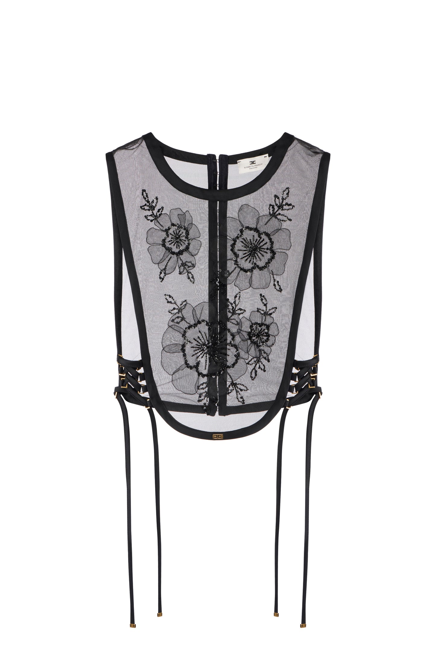 Top in organza fabric with floral embroideries