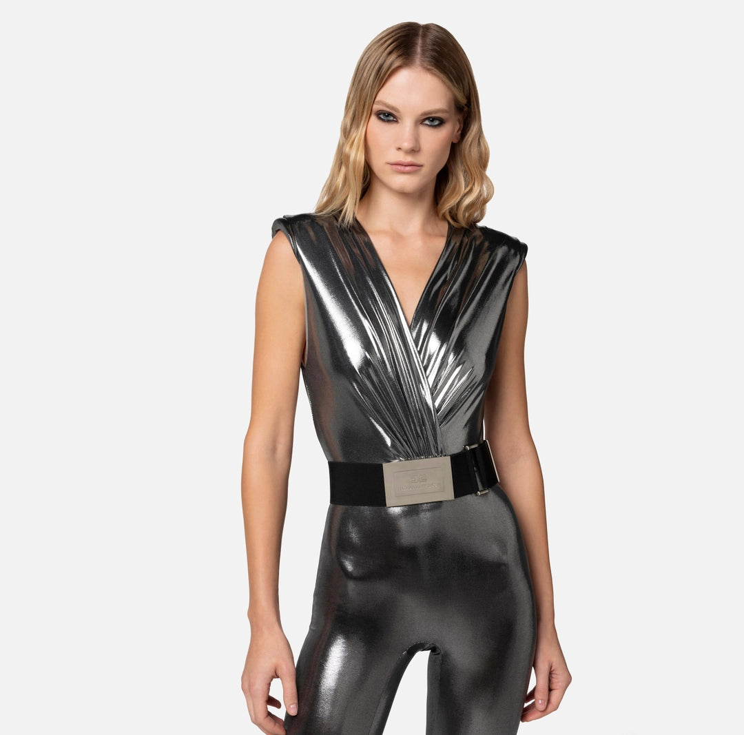 Laminated jersey jumpsuit with belt