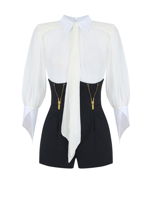Romper suit in georgette and technical fabric