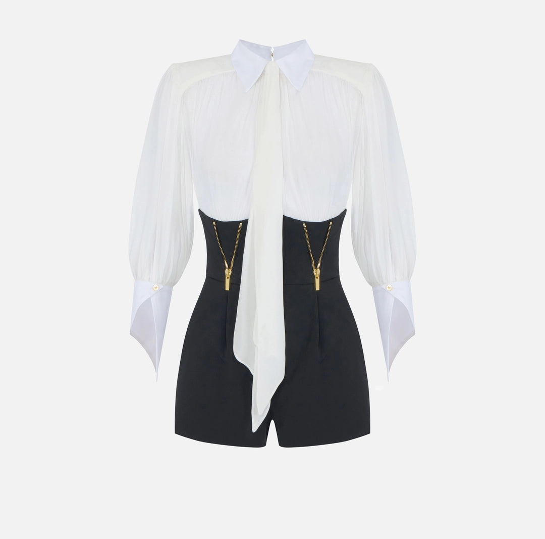 Romper suit in georgette and technical fabric