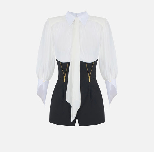 Romper suit in georgette and technical fabric