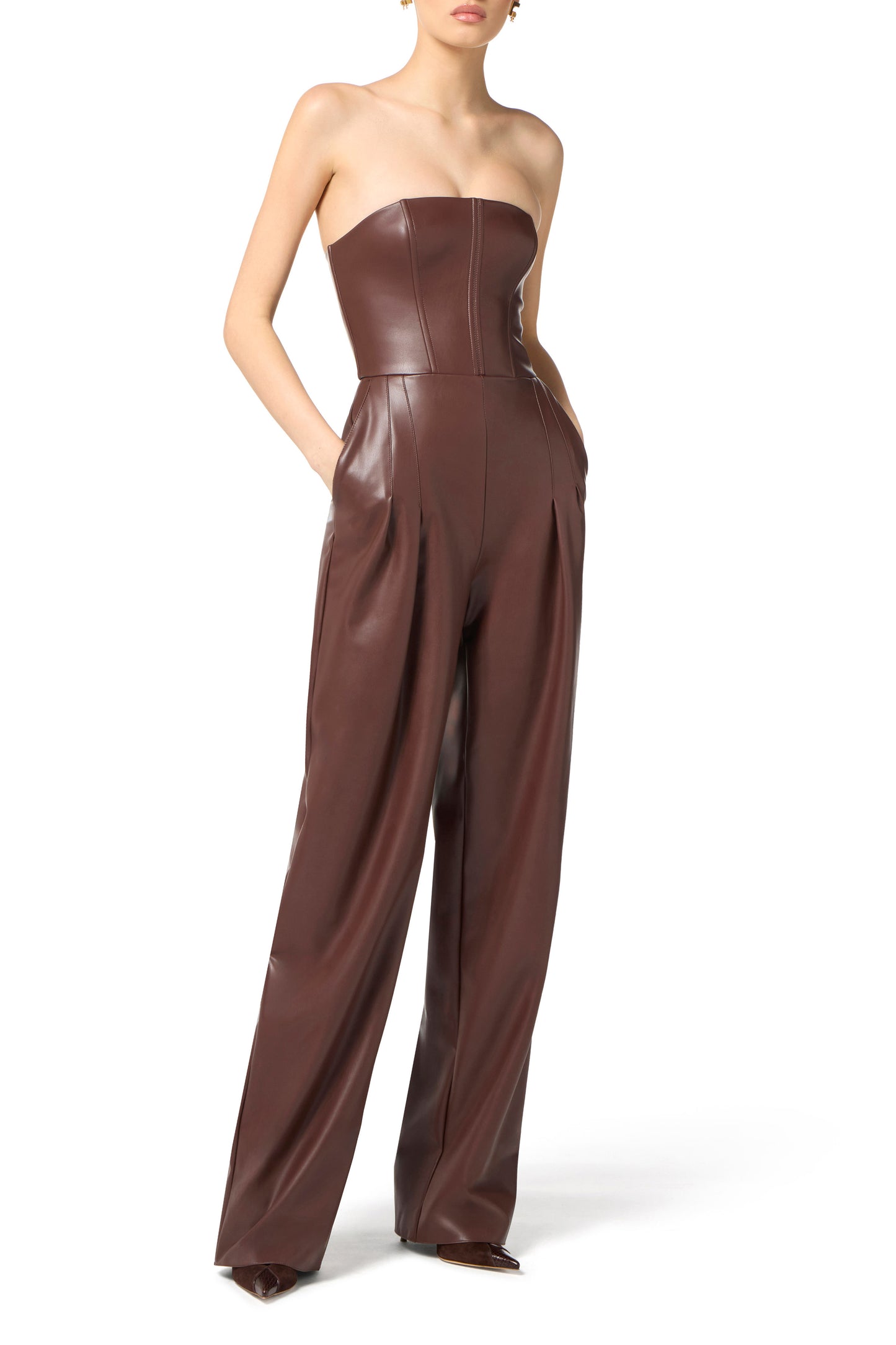 Bustier jumpsuit with nappa leather texture