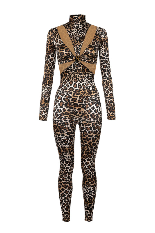 Animalier print Lycra jumpsuit with cut-out pattern and logo accessory